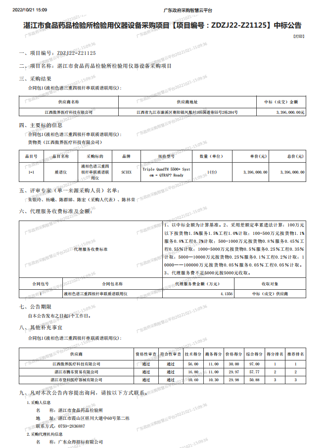 湛江市食品藥品檢驗所檢驗用儀器設(shè)備采購項目【項目編號：ZDZJ22-Z21125】中標(biāo)公告(圖1)