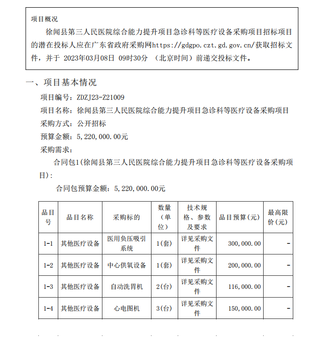 徐聞縣第三人民醫(yī)院綜合能力提升項(xiàng)目急診科等醫(yī)療設(shè)備采購項(xiàng)目 [ZDZJ23-Z21009]招標(biāo)公告(圖1)