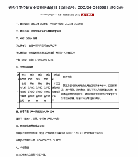 研究生學位論文全委托送審項目【項目編號：ZDZJ24-Q66008】成交公告(圖1)